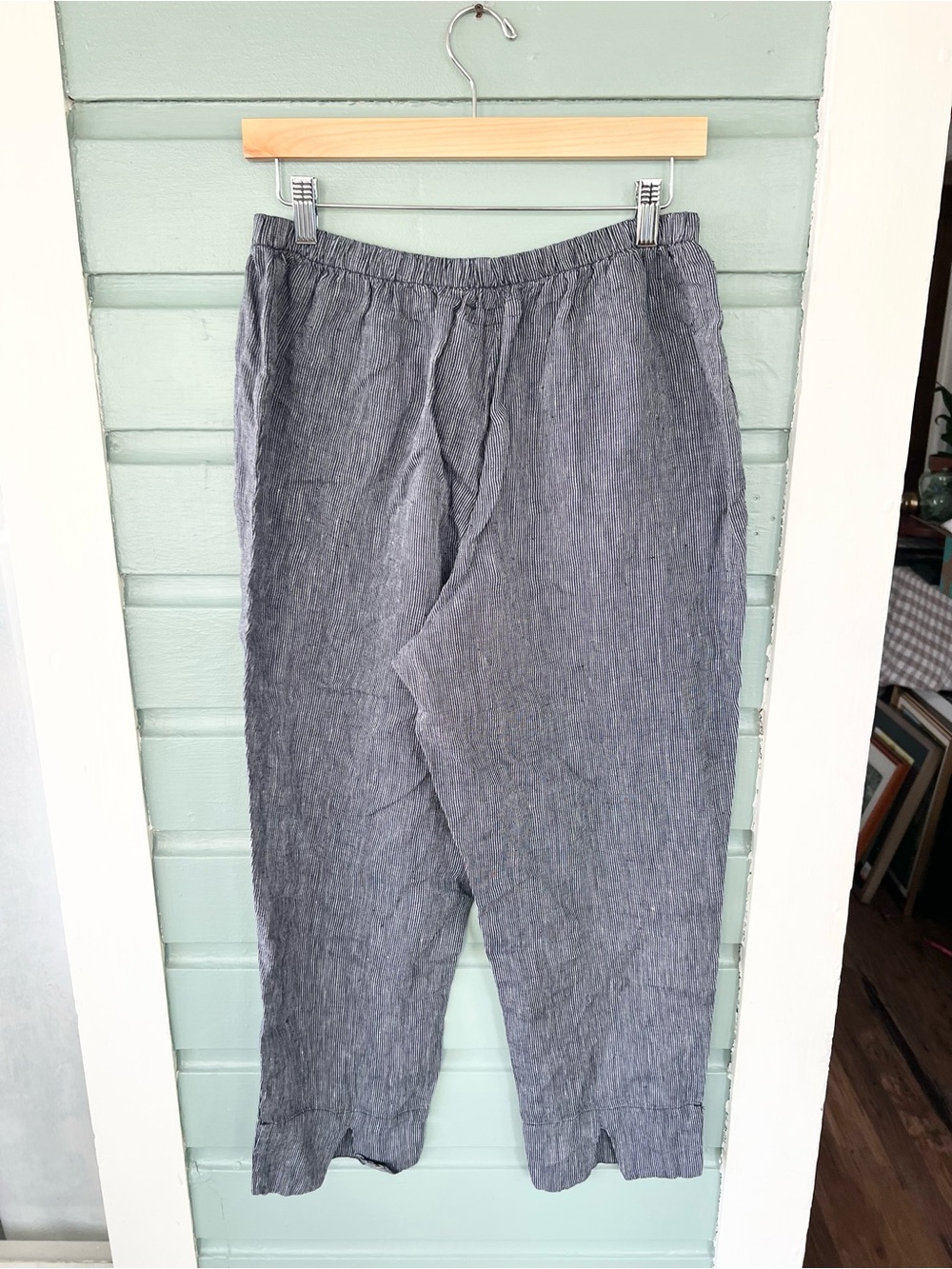Flax NEW 100% linen blue stripe elastic waist pull on pants coastal size small - Picture 4 of 7